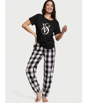 Піжама Victoria’s Secret Flannel Tee-jama Set, Чорна, штани клітинка