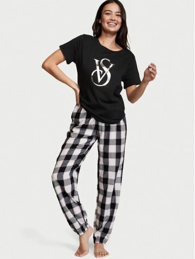Піжама Victoria’s Secret Flannel Tee-jama Set, Чорна, штани клітинка