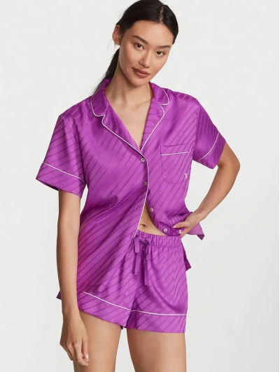 Сатинова Піжама Victoria’s Secret Satin Short Pajama Set, Фіолетова Logo VS