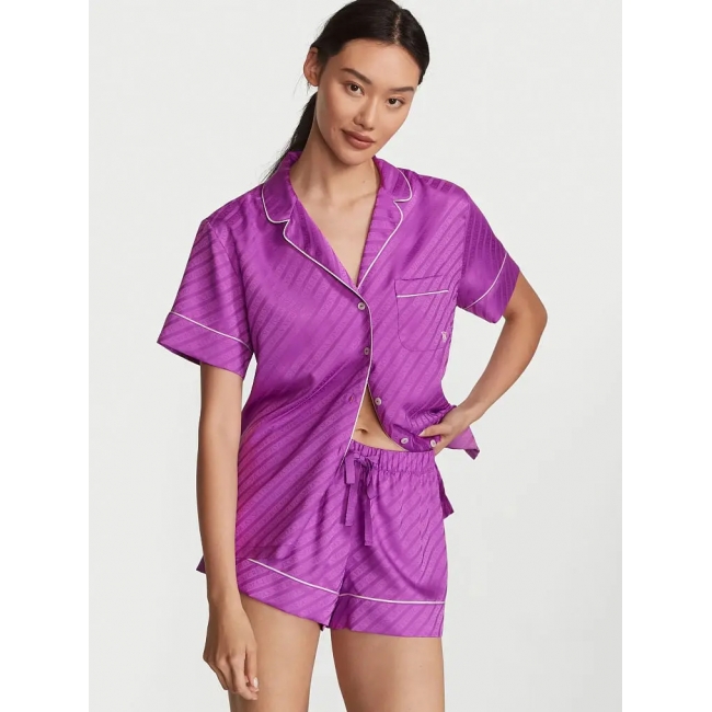 Сатинова Піжама Victoria’s Secret Satin Short Pajama Set, Фіолетова Logo VS