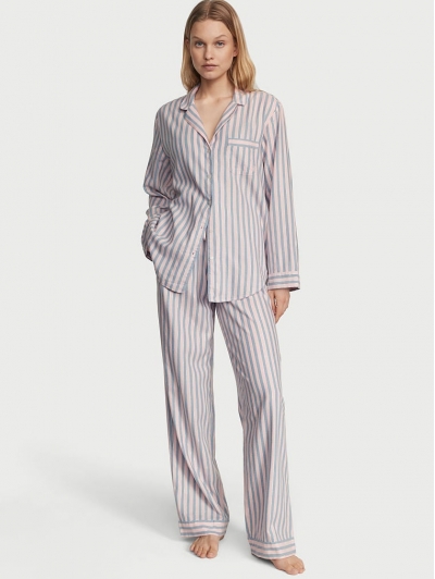 Піжама Victoria's Secret Flannel Long PJ Set, Рожево-блакитна смужка