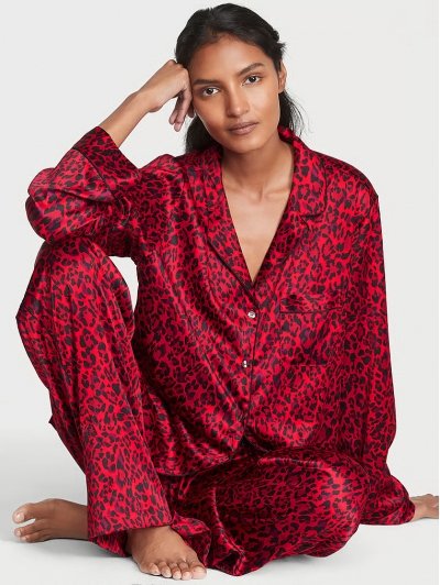 Піжама Сатин Victoria’s Secret Satin Long Pajama Set, Червона з леопардовим принтом