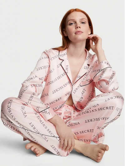 Піжама Сатин Victoria’s Secret Satin Long Pajama Set, Персикова з лого VS