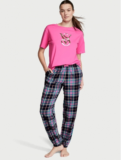 Піжама Victoria’s Secret Flannel Tee-jama Set, Рожева з штанами у клітинку