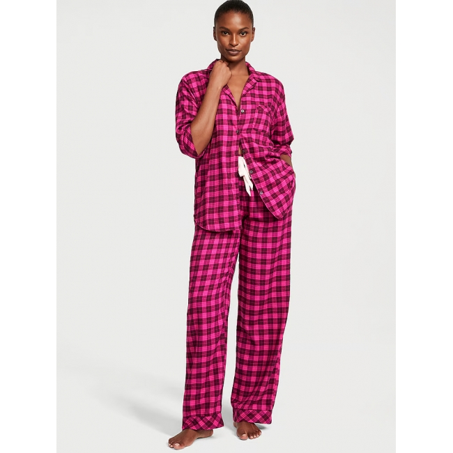 Піжама Victoria's Secret Flannel Long PJ Set, Ярко-рожева у клітинку
