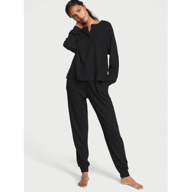 Піжама Victoria’s Secret Glow Waffle Henley And Jogger Set, Чорна
