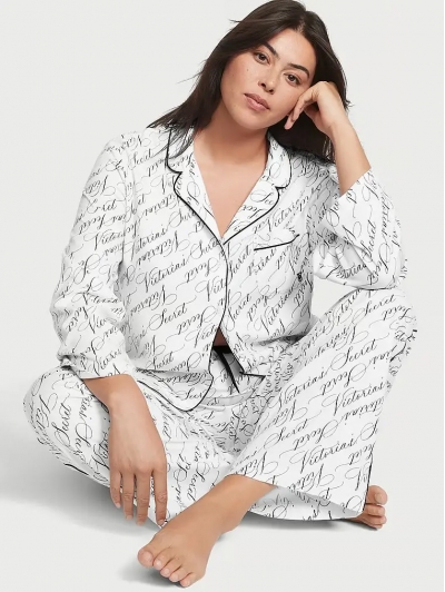Піжама Victoria's Secret Flannel Long PJ Set, Біла з логотипом VS