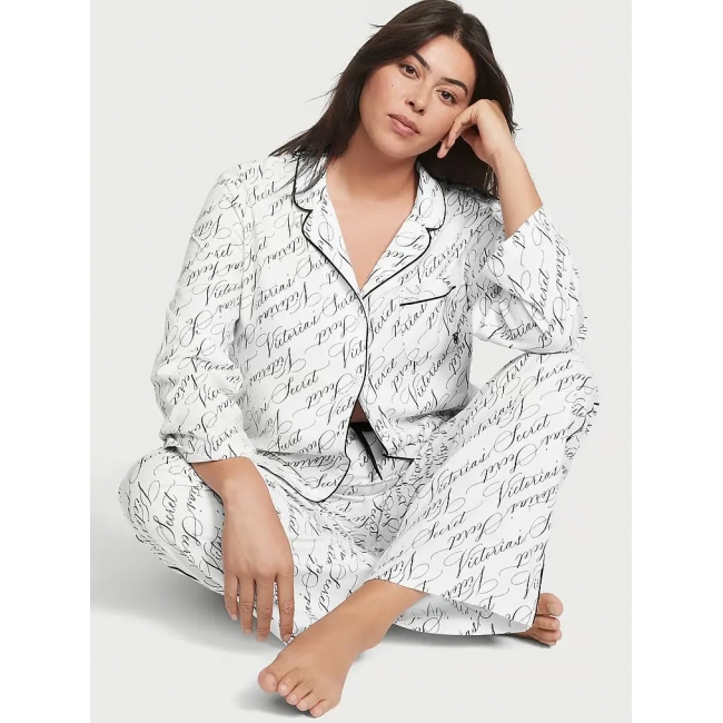Піжама Victoria's Secret Flannel Long PJ Set, Біла з логотипом VS