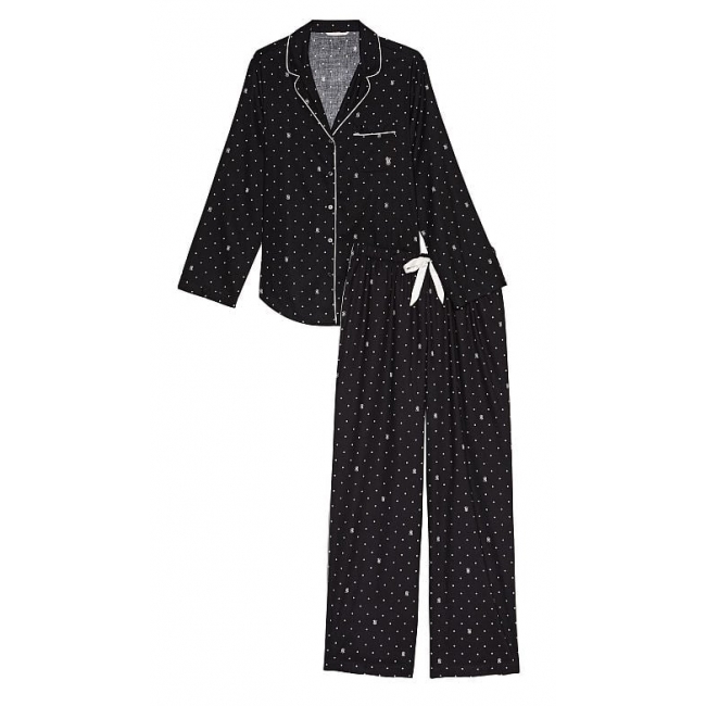 Піжама Victoria's Secret Flannel Long PJ Set, Чорна з лого VS