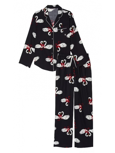 Піжама Victoria's Secret Flannel Long PJ Set, Чорна з лебедями