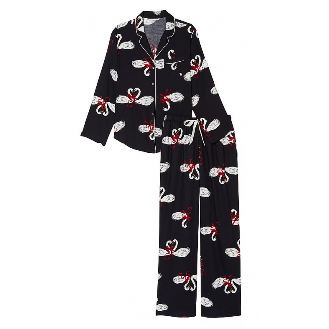 Піжама Victoria's Secret Flannel Long PJ Set, Чорна з лебедями