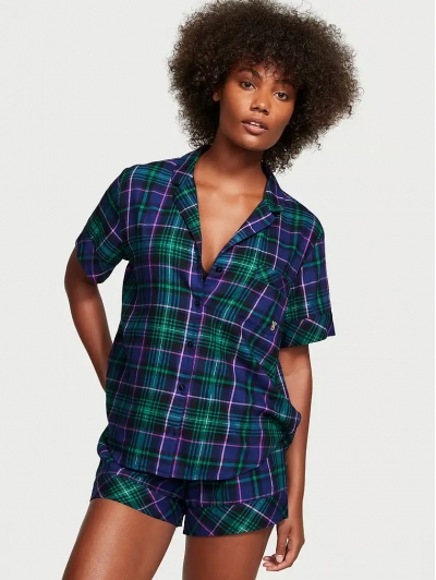 Піжама Victoria’s Secret Flannel Short Pajama Set, Синя/Зелена клітинка