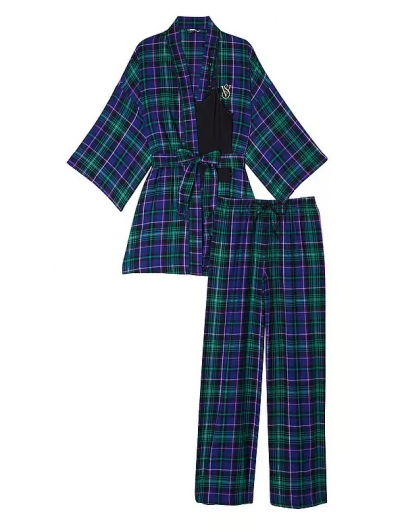 Піжама Victoria's Secret Flannel 3-Piece Set, Синьо-зелена клітинка
