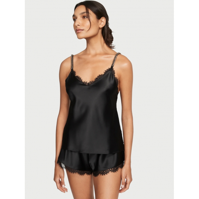 Піжама з атласу Victoria's Secret Victoria's Secret Chain Strap Satin Lace-Trim Cami Shorts Set, Black