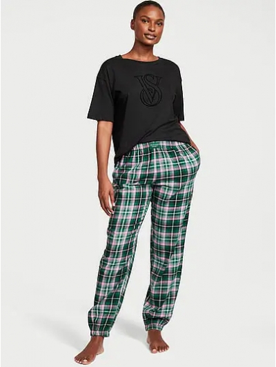 Піжама Victoria’s Secret Flannel Tee-jama Set, Чорна з штанами у зелену клітинку