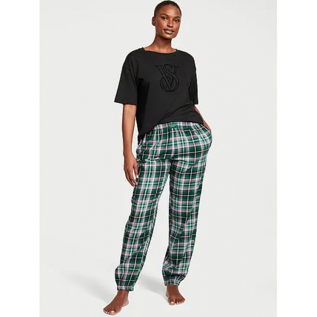 Піжама Victoria’s Secret Flannel Tee-jama Set, Чорна з штанами у зелену клітинку