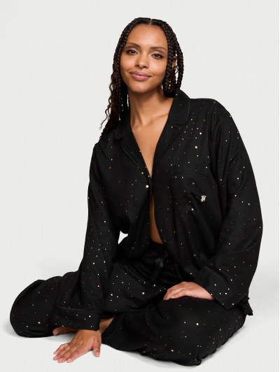 Піжама Victoria's Secret Flannel Long PJ Set, Чорна з зірками