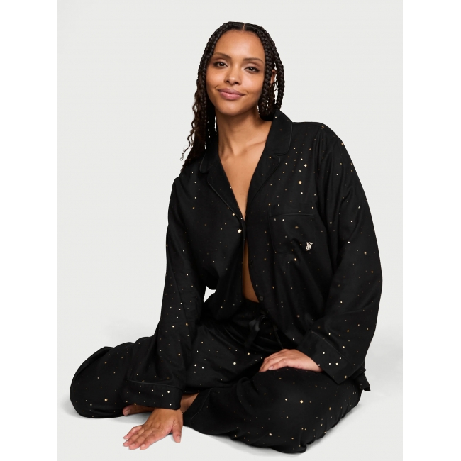 Піжама Victoria's Secret Flannel Long PJ Set, Чорна з зірками