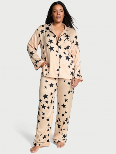 Піжама Сатин Victoria’s Secret Satin Long Pajama Set, Бежева з зірками