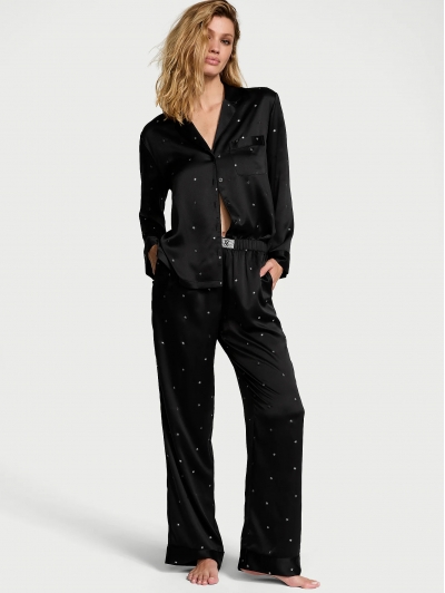 Піжама Люкс Сатин Victoria’s Secret Glazed Satin Dew Drop Long Pajama Set, Чорна з зірками