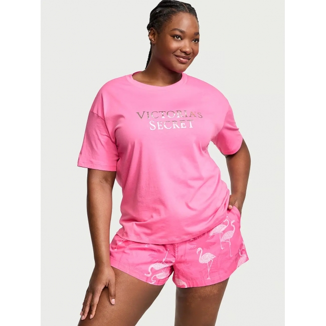 Піжама Victoria's Secret Cotton Short Tee-Jama Set, Рожева з фламінго