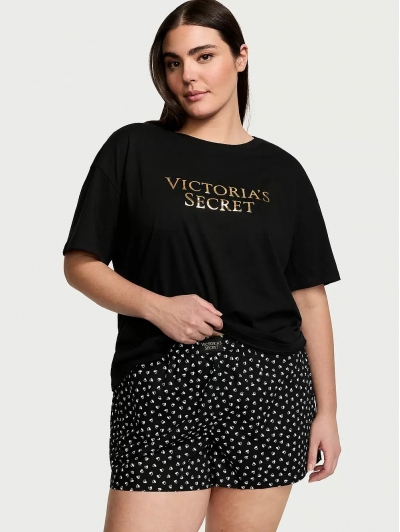 Піжама Victoria's Secret Cotton Short Tee-Jama Set, Чорна з серцями