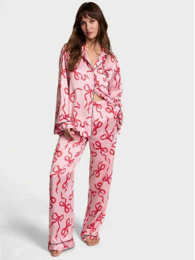 Піжама Сатин Victoria’s Secret Satin Long Pajama Set, Рожева з бантами