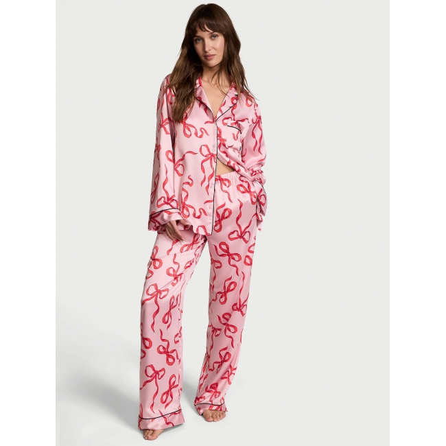 Піжама Сатин Victoria’s Secret Satin Long Pajama Set, Рожева з бантами