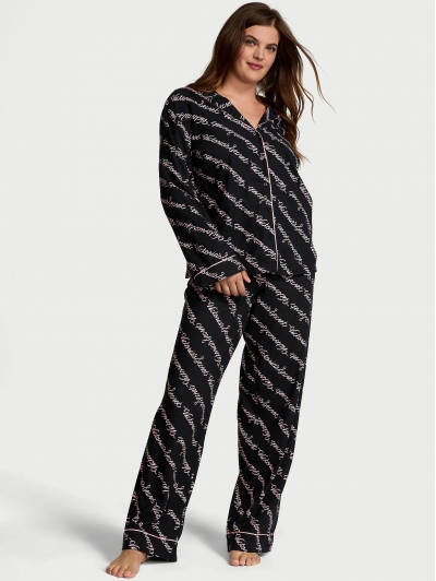 Піжама Victoria's Secret Flannel Long PJ Set, Чорна з лого VS