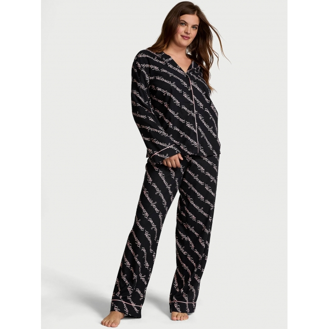Піжама Victoria's Secret Flannel Long PJ Set, Чорна з лого VS