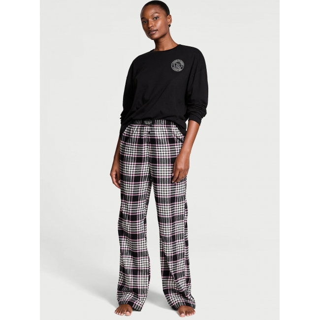 Піжама Victoria’s Secret Flannel Long-Sleeve Tee-Jama Set, Чорна та рожева клітинка