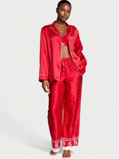 Піжама Сатин Victoria’s Secret Satin Long Pajama Set, Червона у горох