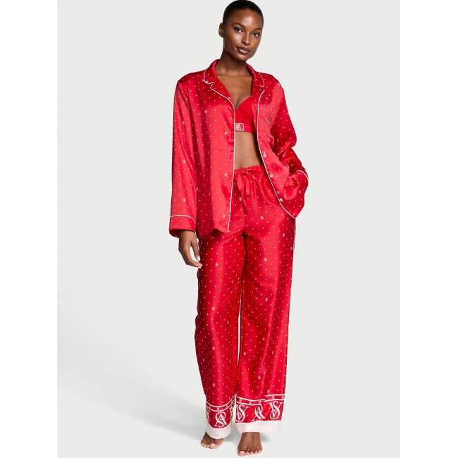 Піжама Сатин Victoria’s Secret Satin Long Pajama Set, Червона у горох