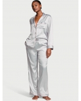 Піжама Люкс Сатин Victoria’s Secret Glazed Satin Dew Drop Long Pajama Set, Світло-сіра з зірками