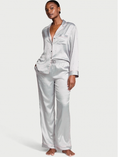 Піжама Люкс Сатин Victoria’s Secret Glazed Satin Dew Drop Long Pajama Set, Світло-сіра з зірками