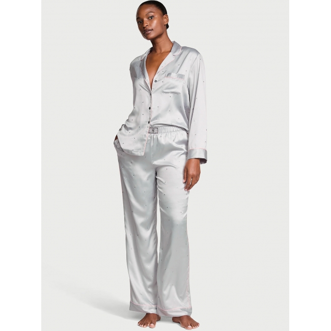 Піжама Люкс Сатин Victoria’s Secret Glazed Satin Dew Drop Long Pajama Set, Світло-сіра з зірками