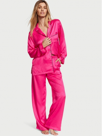 Піжама Сатин Victoria’s Secret Satin Long Pajama Set, Яскраво-рожева з лого VS