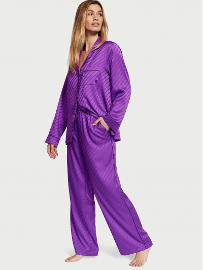 Піжама Сатин Victoria’s Secret Satin Long Pajama Set, Фіолетова з лого VS