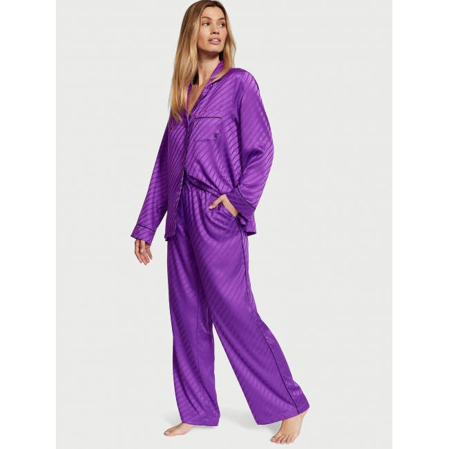 Піжама Сатин Victoria’s Secret Satin Long Pajama Set, Фіолетова з лого VS