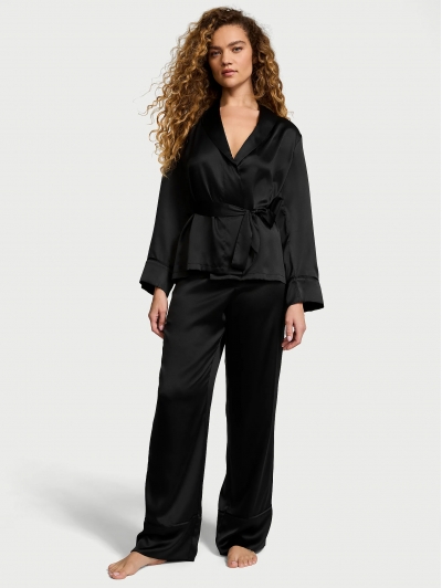 Піжама Сатин Victoria’s Secret Dream Satin Wrap Top Long Pajama Set, Чорна 