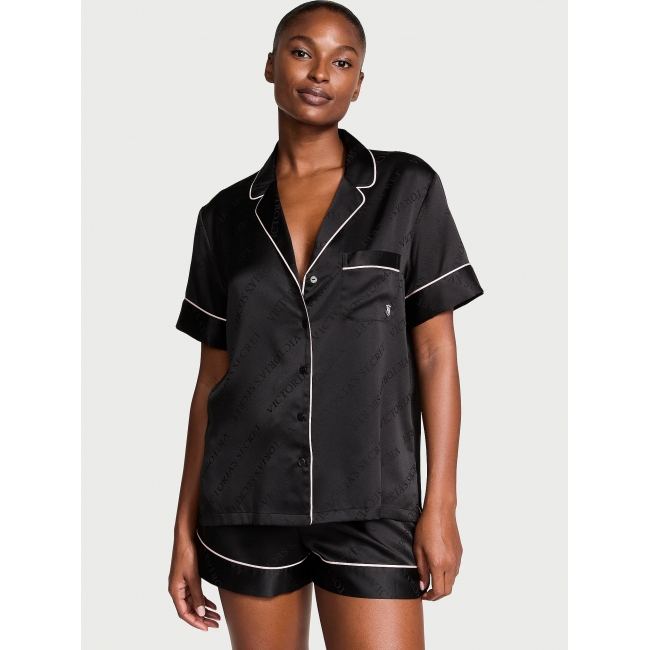 Піжама люкс сатин Victoria's Secret Satin Short PJ Set, Чорна з логотипом VS