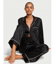 Піжама Сатин Victoria’s Secret Satin Long Pajama Set, Чорна з логотипом