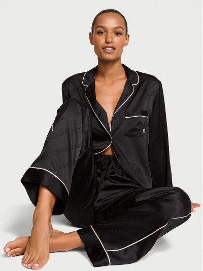 Піжама Сатин Victoria’s Secret Satin Long Pajama Set, Чорна з логотипом