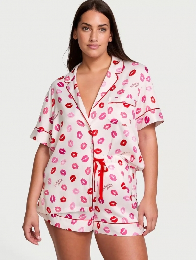 Піжама Сатин Victoria’s Secret Glazed Satin Short Pajama Set, Біла з губами
