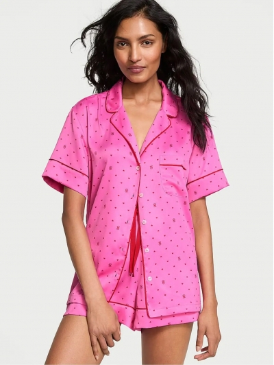 Піжама Сатин Victoria’s Secret Glazed Satin Short Pajama Set, Яскраво-рожева з лого VS