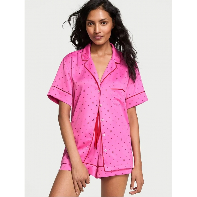 Піжама Сатин Victoria’s Secret Glazed Satin Short Pajama Set, Яскраво-рожева з лого VS