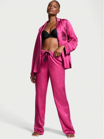 Піжама Сатин Victoria’s Secret Satin Long Pajama Set, Luscious Rose з лого VS
