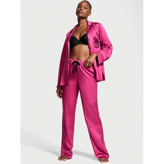 Піжама Сатин Victoria’s Secret Satin Long Pajama Set, Luscious Rose з лого VS
