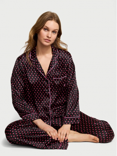 Піжама Сатин Victoria’s Secret Satin Long Pajama Set, Black Hearts