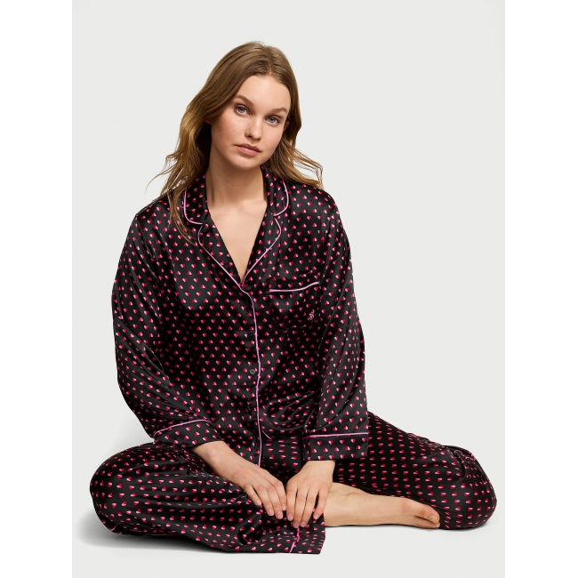 Піжама Сатин Victoria’s Secret Satin Long Pajama Set, Black Hearts